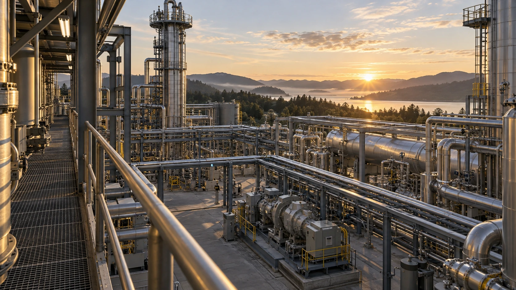 Illustrative industrial equipment and process plant at sunrise