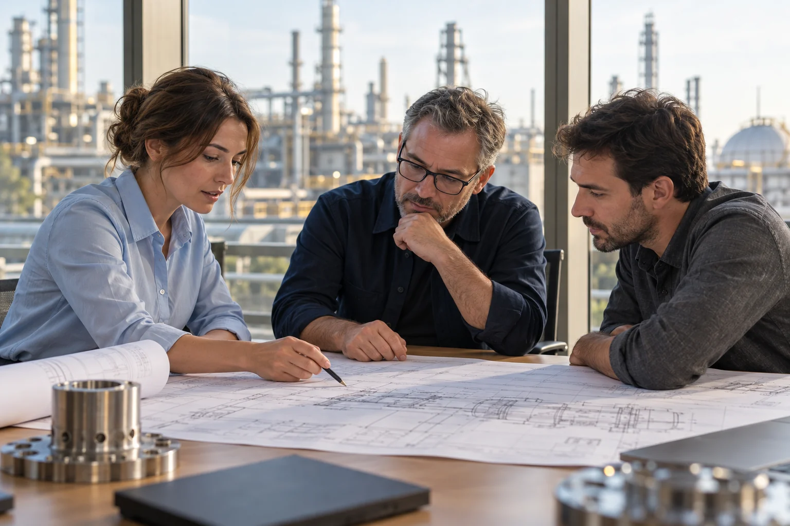Illustrative engineering specialists discussing project priorities and drawings