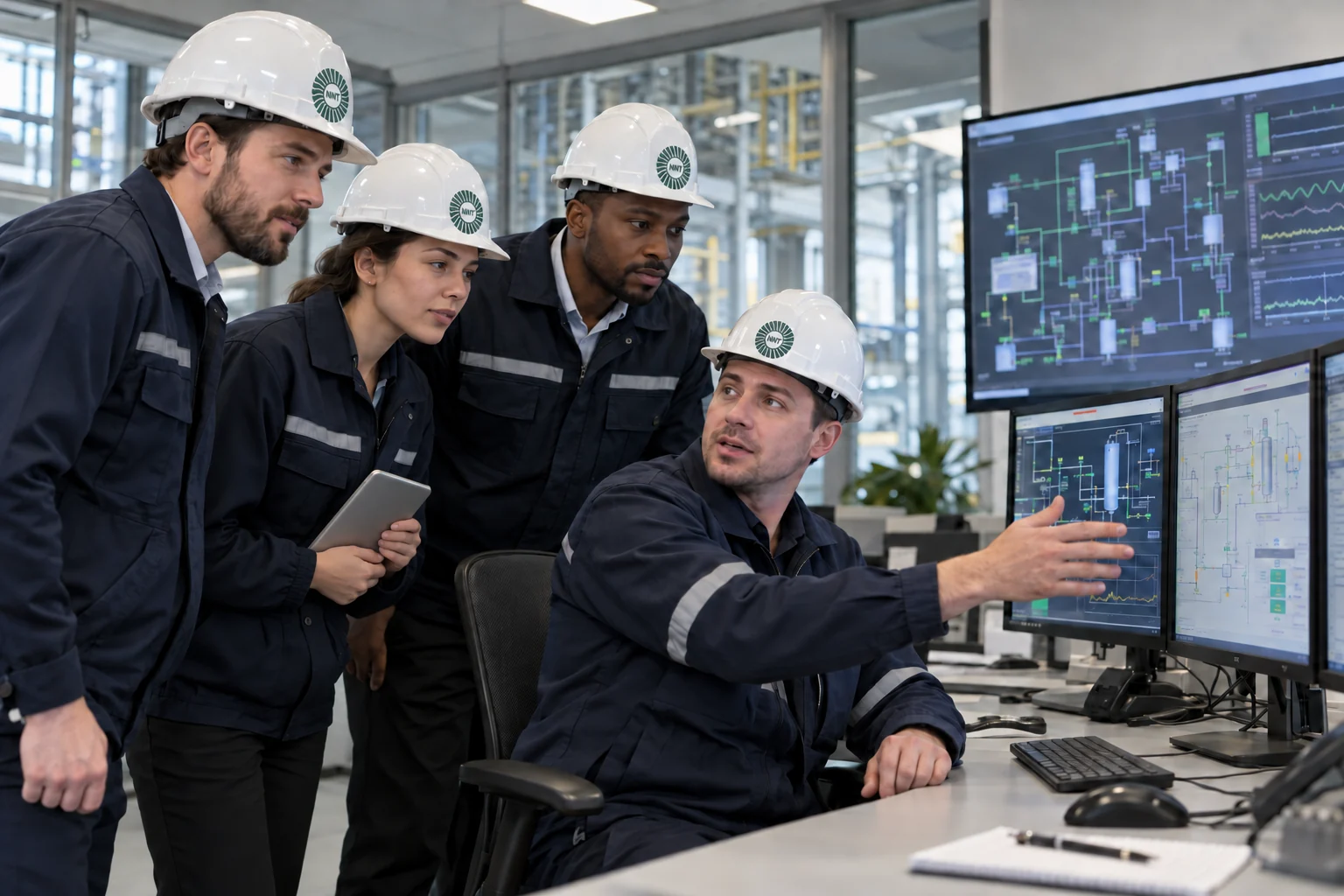 Illustrative NNT engineering team wearing branded hard hats during a plant control-room visit
