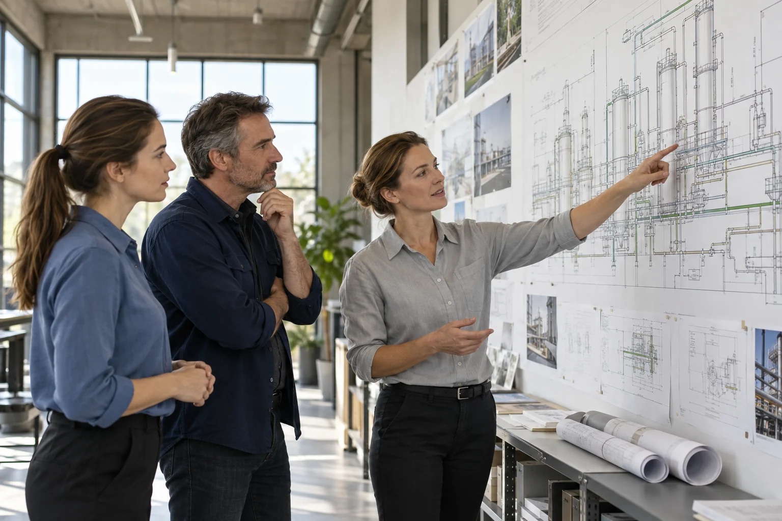 Illustrative engineering team coordinating an industrial project using a wall drawing
