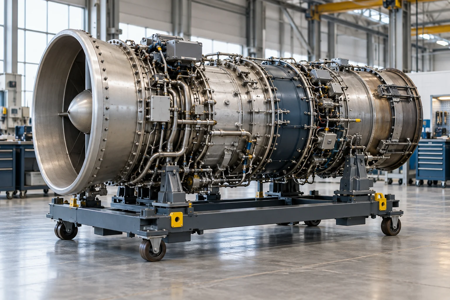 Illustrative aeroderivative turbine assembly on a service-workshop stand