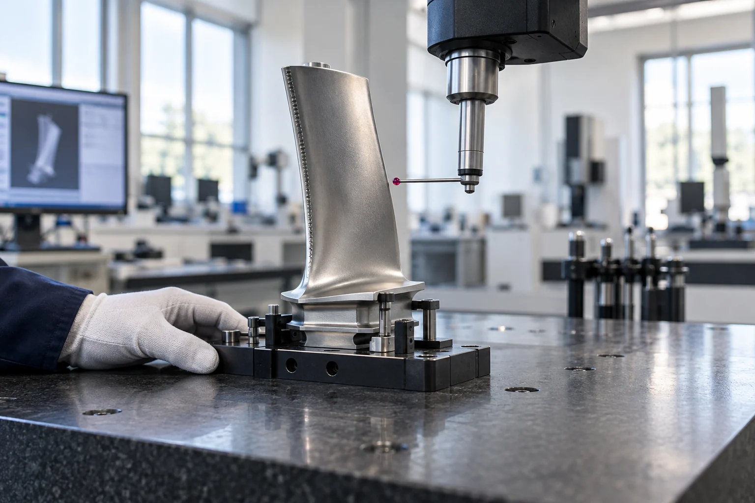 Illustrative dimensional inspection of a turbine component in a metrology laboratory