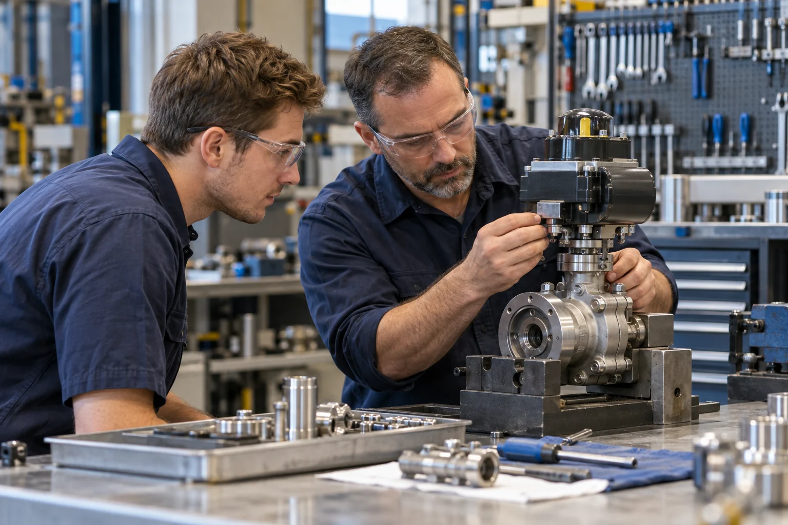 Illustrative engineering specialists reviewing an actuator assembly at a maintenance workbench